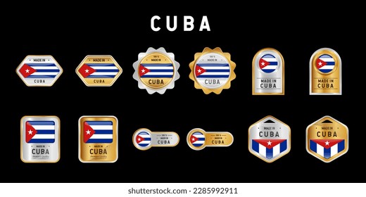 Made in Cuba Label, Stamp, Badge, or Logo. With The National Flag of Cuba. On platinum, gold, and silver colors. Premium and Luxury Emblem