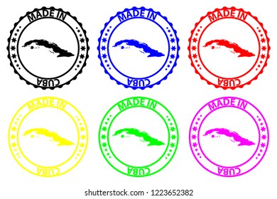 Made in Cuba - rubber stamp - vector, Cuba map pattern - black, blue, green, yellow, purple and red