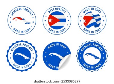 Made in Cuba - set of labels, stamps, badges, with the Cuba map and flag. Best quality. Original product. Vector illustration