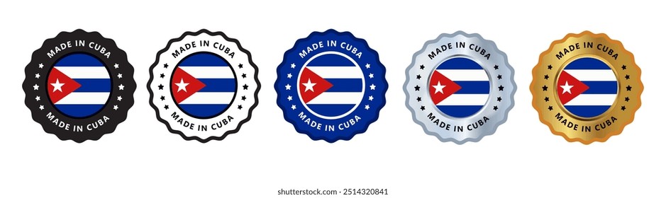 Hecho en cuba conjunto de insignia de sello de signo, con variante de color azul, plateado, dorado, negro adecuado para productos fabricados, militares, agricultura o Ilustración vectorial alimentaria eps texto editable