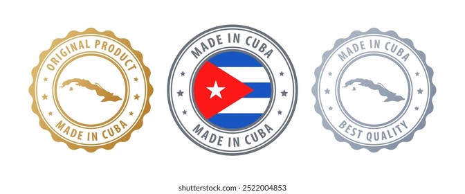 Made in Cuba - set of stamps with map and flag. Best quality. Original product. Vector illustration