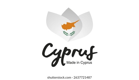 Made in Cyprus logo, sticker. Abstract Cyprus flag and ribbon in shape of leaf flower with handwritten typography lettering