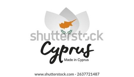Made in Cyprus logo, sticker. Abstract Cyprus flag and ribbon in shape of leaf flower with handwritten typography lettering