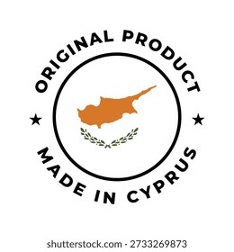 Made in Cyprus original product circular badge with Cypriot flag design. Perfect for branding, packaging, product labels, quality assurance, manufacturing, and country of origin identification.