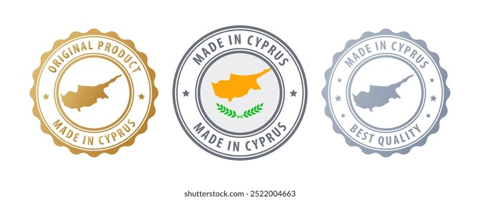 Made in Cyprus- set of stamps with map and flag. Best quality. Original product. Vector illustration