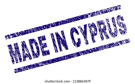 MADE IN CYPRUS stamp seal watermark with distress style. Blue vector rubber print of MADE IN CYPRUS tag with dust texture. Text tag is placed between parallel lines.
