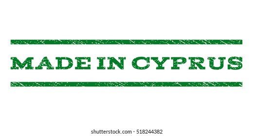 Made In Cyprus watermark stamp. Text caption between horizontal parallel lines with grunge design style. Rubber seal stamp with dirty texture. Vector green color ink imprint on a white background.