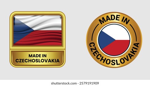 Made in Czech label icon set in gold color, featuring both rectangular and circular designs. Includes the czech flag icon, ideal for business and product branding