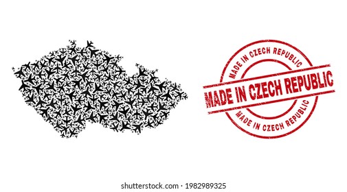 Made in Czech Republic grunge seal, and Czech Republic map collage of air force elements. Mosaic Czech Republic map designed with air force symbols. Red watermark with Made in Czech Republic tag,
