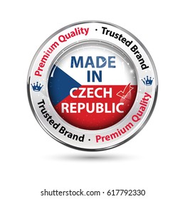 Made in Czech Republic, Premium Quality, trusted brand  - business commerce shiny icon with the Czech flag on the background. Suitable for retail industry.