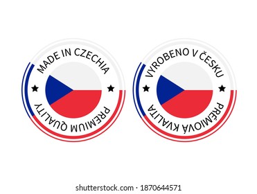 Made in Czech Republic, round labels in English and in Czech languages. Quality mark vector icon. Perfect for logo design, tags, badges, stickers, emblem, product package, etc.
