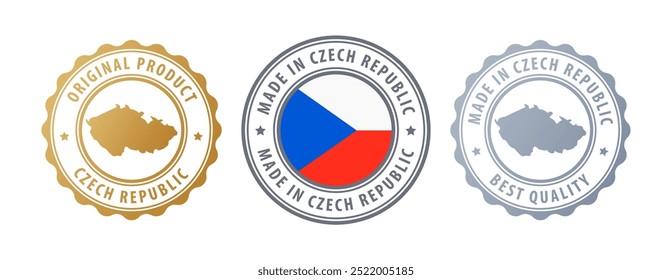 Made in Czech Republic - set of stamps with map and flag. Best quality. Original product. Vector illustration
