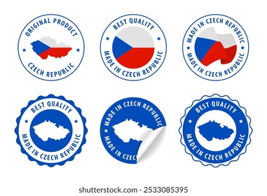 Feito na República Checa - conjunto de selos e adesivos com mapa e bandeira. Melhor qualidade. Produto original. Ilustração vetorial.