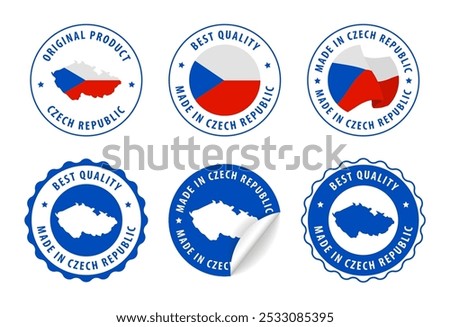 Made in Czech Republic - set of stamps and stickers with map and flag. Best quality. Original product. Vector illustration.