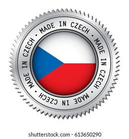 Made in Czech silver badge with the flag symbol of Czechia flag in the center. Vector illustration isolated on white background.