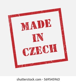 made in Czech text rubber seal stamp watermark. Caption inside rounded rectangular banner with grunge design and dirty texture. Slanted vector ink sticker on paper background.