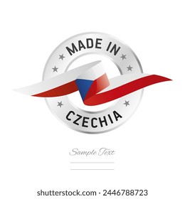 Made in Czechia. Czech Republic flag ribbon with circle silver ring seal stamp icon. Czechia sign label vector isolated on white background