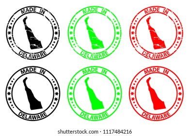 Made in Delaware - rubber stamp - vector, Delaware (United States of America) map pattern - black, green and red