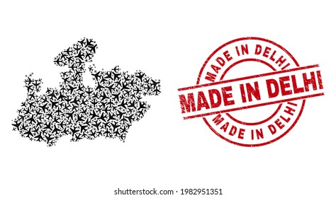 Made in Delhi rubber seal stamp, and Madhya Pradesh State map collage of aviation items. Collage Madhya Pradesh State map created with aviation items. Red stamp with Made in Delhi word,