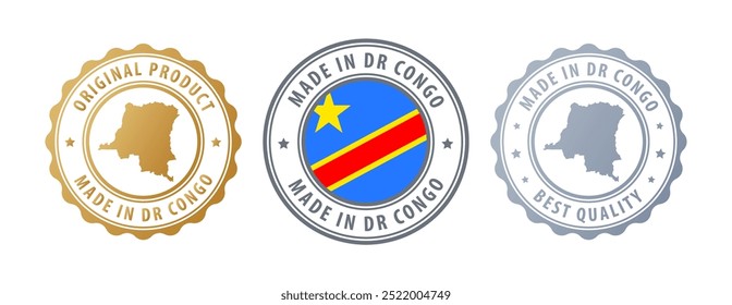 Feito na República Democrática do Congo - conjunto de selos com mapa e bandeira. Melhor qualidade. Produto original. Ilustração vetorial
