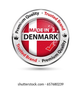 Made in Denmark - business commerce shiny icon with the flag of Denmark on the background. Suitable for retail industry.