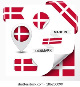 Made in Denmark collection of ribbon, label, stickers, pointer, badge, icon and page curl with Danish flag symbol on design element. Vector EPS 10 illustration isolated on white background.