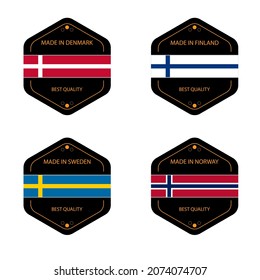 Made in Denmark, Made in Finland, Made in Norway and Made in Sweden stickers and labels. Vector simple icons with flags