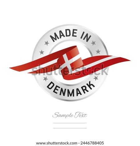 Made in Denmark. Denmark flag ribbon with circle silver ring seal stamp icon. Denmark sign label vector isolated on white background