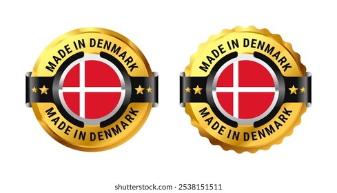 Made in Denmark icon a gold circle with a picture of a flag in the middle. For icon, sign, stamp, badge, logo, label, mark, symbol, Banner etc. Modern and minimalist. Vector Illustration