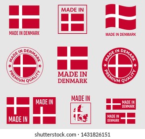 made in Denmark icon set, made in Kingdom of Denmark product labels