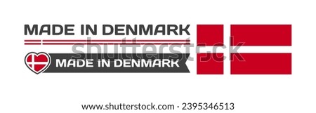 Made in Denmark icons. National flag of Denmark in the shape of a square, heart. Made in Denmark national flag. Vector icons