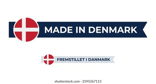 Made in Denmark label with Denmark flag colors. High-quality certification badge for Denmark products, branding, and manufacturing authenticity