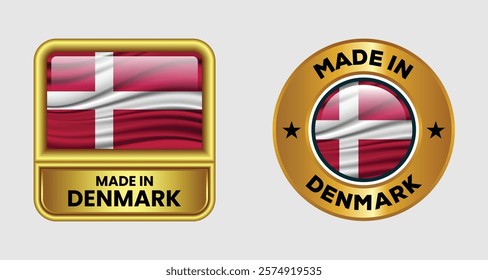 Made in Denmark label icon set in gold color, featuring both rectangular and circular designs. Includes the Denmark flag icon, ideal for business and product branding