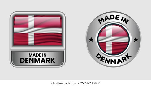 Made in Denmark label icon set in silver color, featuring both rectangular and circular designs. Includes the Denmark flag icon, ideal for business and product branding