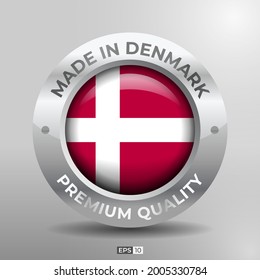 Made in Denmark Label, Logo, Stamp Round Flag of Nation with 3D Silver Glossy Effect