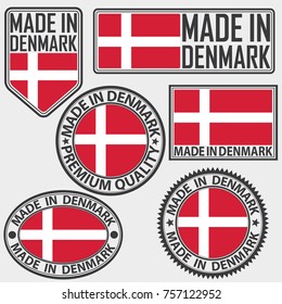 Made in Denmark label set with flag, made in Denmark, vector illustration