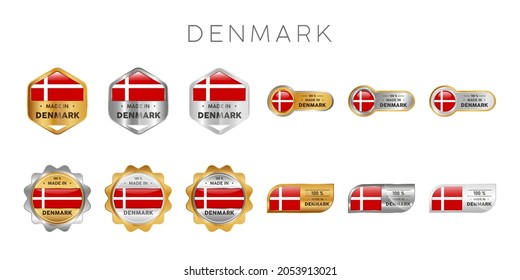 Made in Denmark Label, Stamp, Badge, or Logo. With The National Flag of Denmark. On platinum, gold, and silver colors. Premium and Luxury Emblem