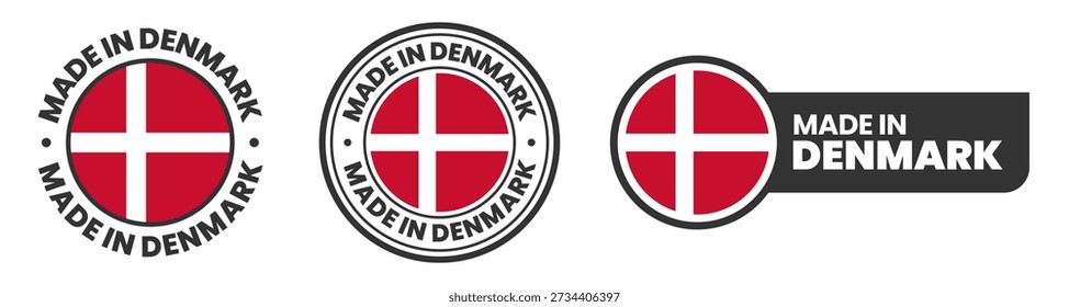 Made in denmark labels, stamps, badges with danish flag template icon set