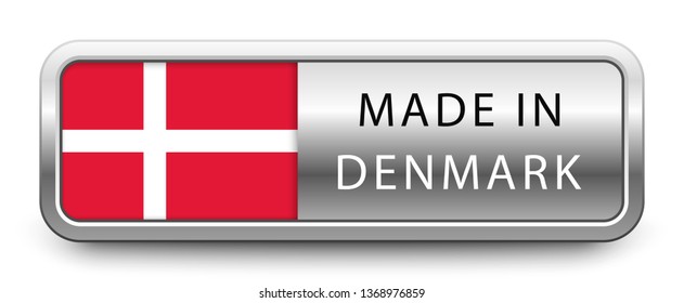 MADE IN DENMARK metallic badge with national flag isolated on white background