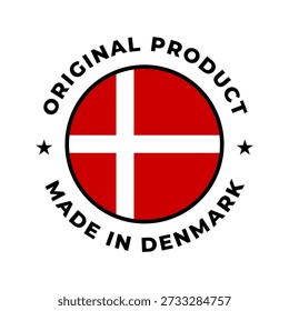 Made in Denmark original product circular badge with Danish flag design. Perfect for branding, packaging, product labels, quality assurance, manufacturing, and country of origin identification.