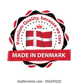 Made in Denmark, Premium quality, because we care - label / icon / badge with the Danish flag. Print colors (CMYK) used