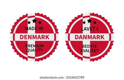 Made in Denmark round labels in English and in Danish languages. Quality mark vector icon. Perfect for logo design, tags, stickers, badges, emblem, product package, etc