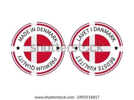 Made in Denmark round labels in English and in Danish languages. Quality mark vector icon. Perfect for logo design, tags, badges, stickers, emblem, product package, etc
