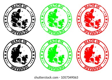 Made in Denmark - rubber stamp - vector, Denmark map pattern - black,green and red