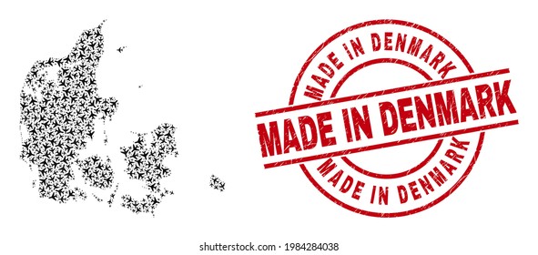 Made in Denmark scratched seal stamp, and Denmark map collage of airliner items. Mosaic Denmark map designed of aviation items. Red seal with Made in Denmark tag, and corroded rubber texture.