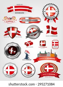 Made in Denmark Seal Collection, Danish Flag background, red, Copenhagen (Vector Art)