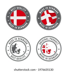 Made in Denmark - set of labels, stamps, badges, with the Denmark map and flag. Best quality. Original product. Vector illustration