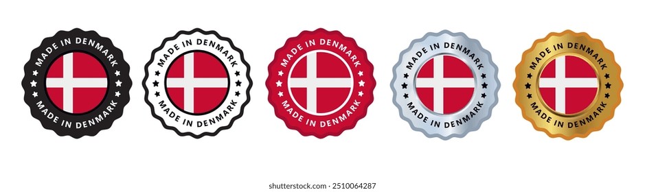 Made in denmark set of sign stamp badge, with varian color red, silver, gold, black suitable for products manufactured, military, agriculture or food vector illustration eps editable text