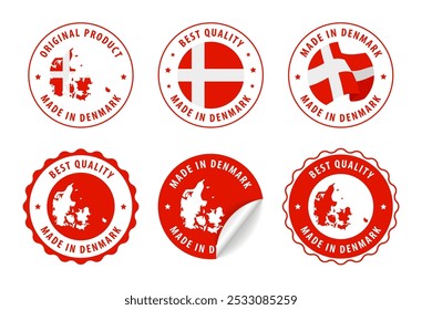 Made in Denmark - set of stamps and stickers with map and flag. Best quality. Original product. Vector illustration.