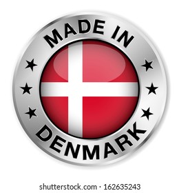 Made in Denmark silver badge and icon with central glossy Danish flag symbol and stars. Vector EPS10 illustration isolated on white background.
